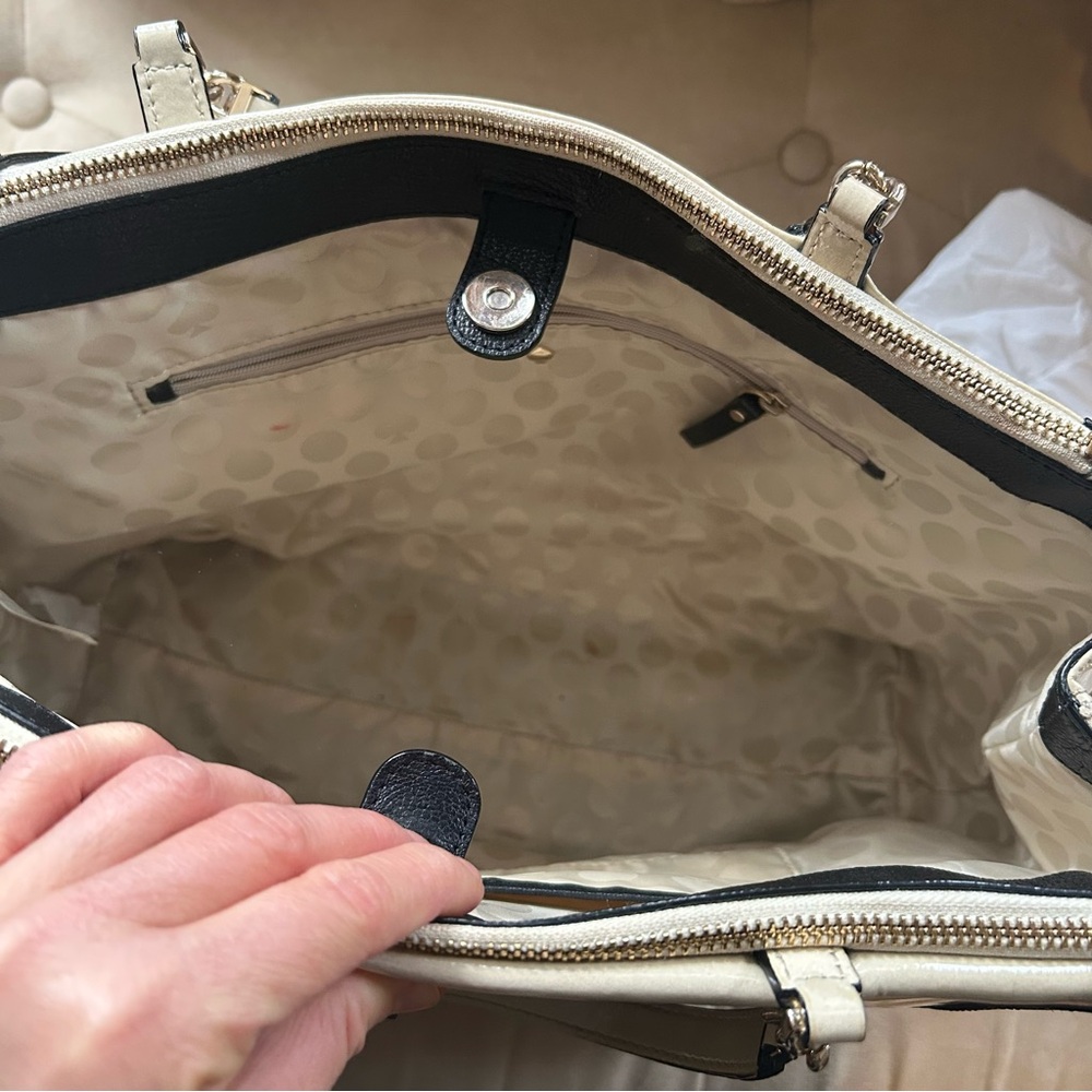 Kate Spade Cream Black Patent Leather Color block Satchel Tote Purse Handbag - Picture 8 of 15